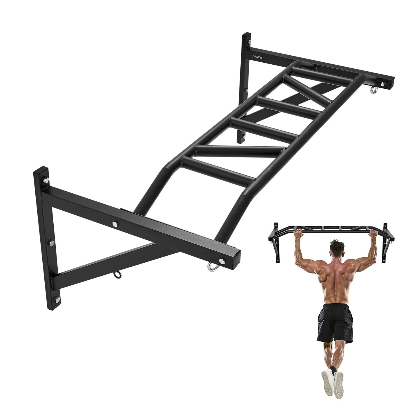 Pull Up Bar, Multi-Grip Wall Mounted Pull Ups, 50 in Width Multifunctional Chin Up Training Station, Heavy Duty Steel Upper Body Workout Bars with Hangers, 440 lbs Weight Capacity, for Home Gym