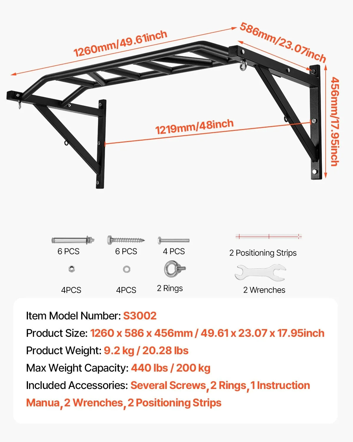 Pull Up Bar, Multi-Grip Wall Mounted Pull Ups, 50 in Width Multifunctional Chin Up Training Station, Heavy Duty Steel Upper Body Workout Bars with Hangers, 440 lbs Weight Capacity, for Home Gym