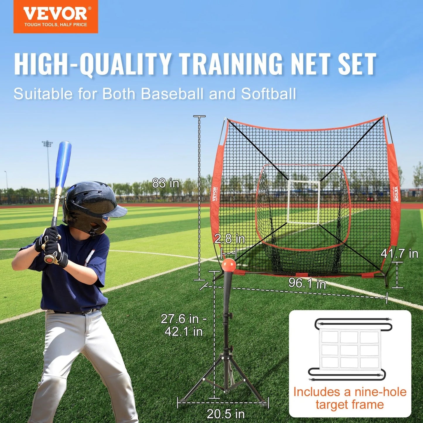 7x7 ft Baseball Softball Practice Net, Portable Baseball Training Net for Hitting Batting Catching Pitching, Backstop Baseball Equipment with Bow Frame, Carry Bag, Strike Zone, Ball, Batting Tee