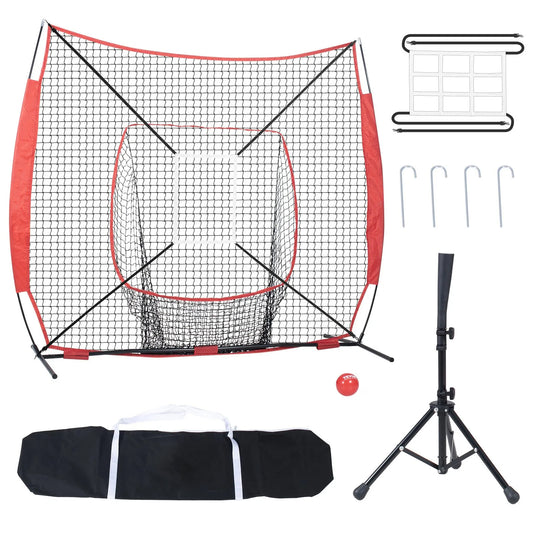 7x7 ft Baseball Softball Practice Net, Portable Baseball Training Net for Hitting Batting Catching Pitching, Backstop Baseball Equipment with Bow Frame, Carry Bag, Strike Zone, Ball, Batting Tee
