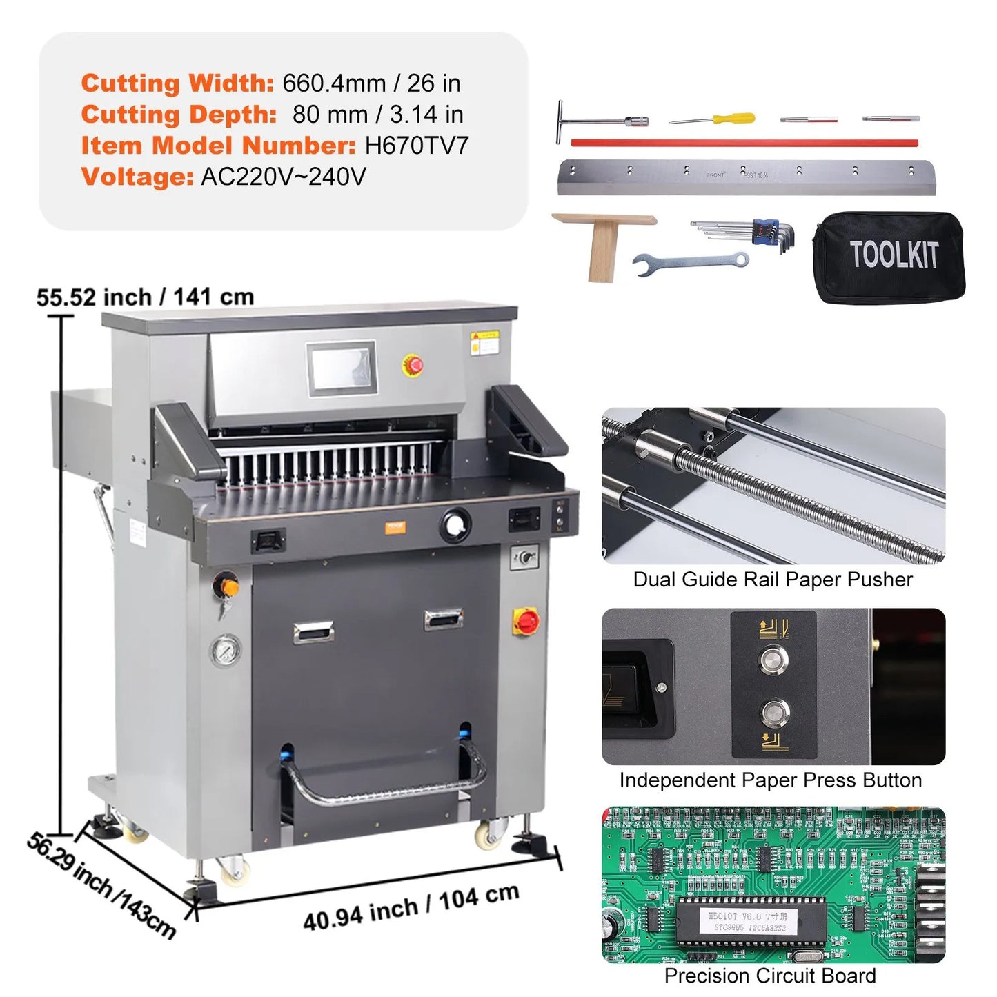 Electric Hydraulic Paper Cutter 660.4 mm Cutting Width 80 mm Thickness 177.8 mm Screen