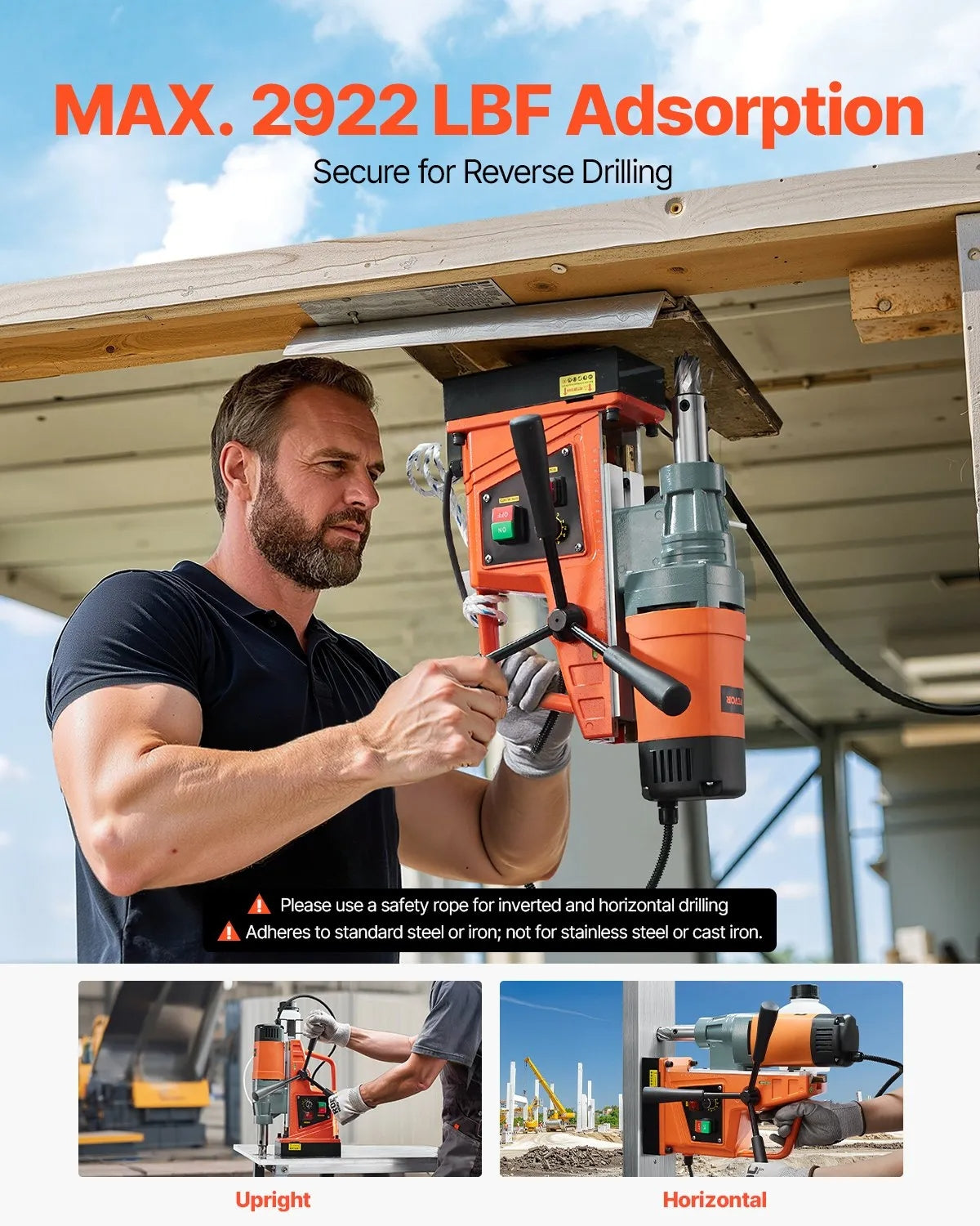 Magnetic Drill, 1550W Motor 2 in Boring Diameter, 2922 lbf Portable Electric Mag Drill Press, 0-500 RPM Variable Speed, Drilling Machine for Metal Surface, Industrial and Home Improvement