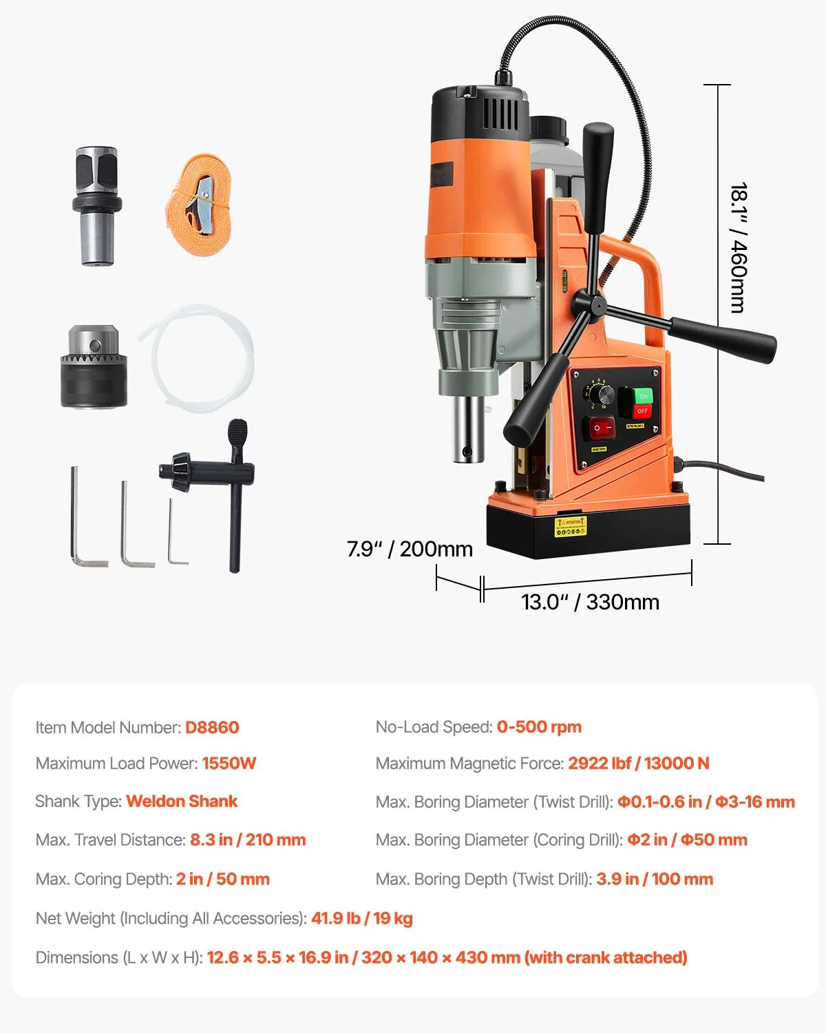 Magnetic Drill, 1550W Motor 2 in Boring Diameter, 2922 lbf Portable Electric Mag Drill Press, 0-500 RPM Variable Speed, Drilling Machine for Metal Surface, Industrial and Home Improvement