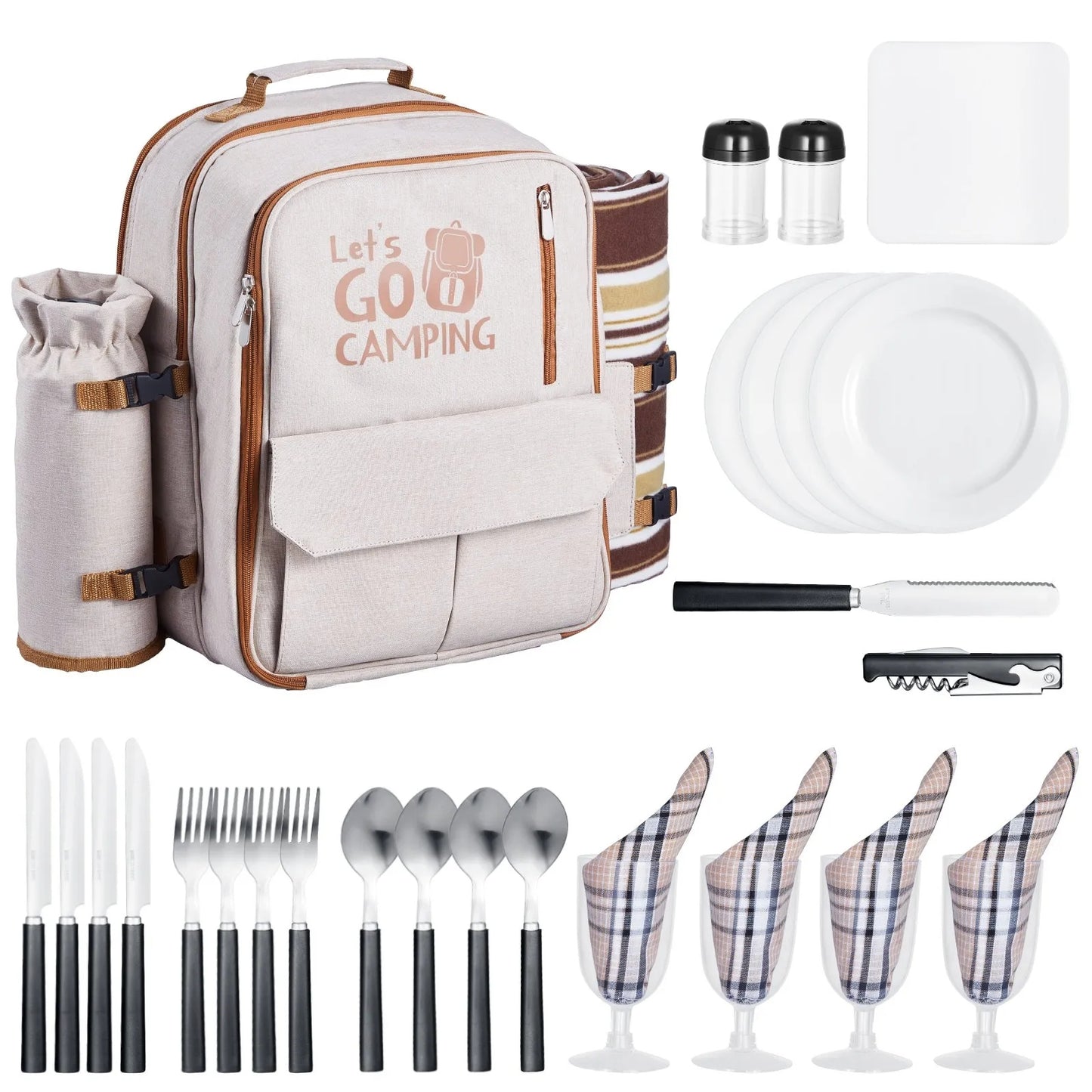 Picnic Backpack, Beach Picnic Backpack Bag for 4 Person with Insulated Cooler Compartment, Detachable Bottle/Wine Holder, Lightweight Blanket, Plates & Cutlery Set for Outdoor, Hiking, Camping