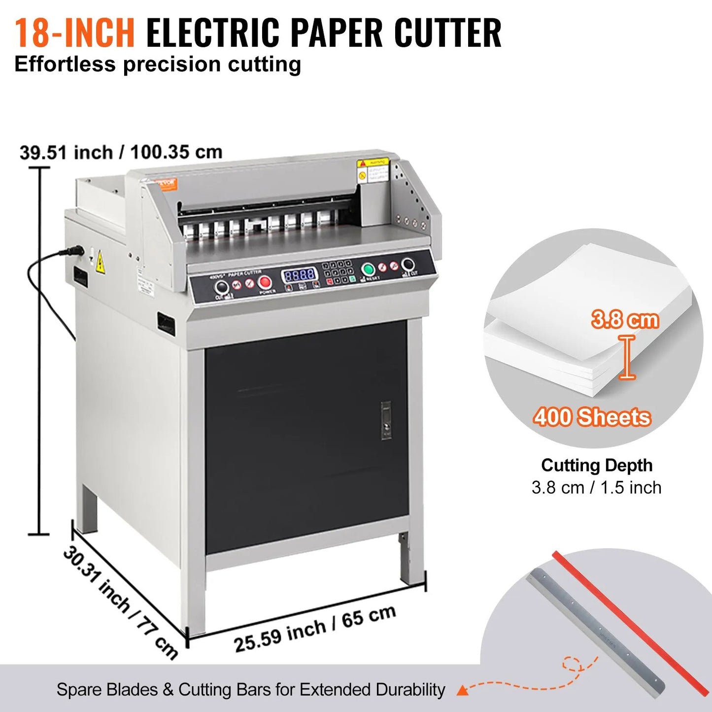 Electric Hydraulic Paper Cutter, Heavy Duty Paper Cutter Machine, 1.57 in / 40 mm Cutting Thickness, 18 in / 457.2 mm Cutting Width, Industrial Paper Trimmer with Button Control