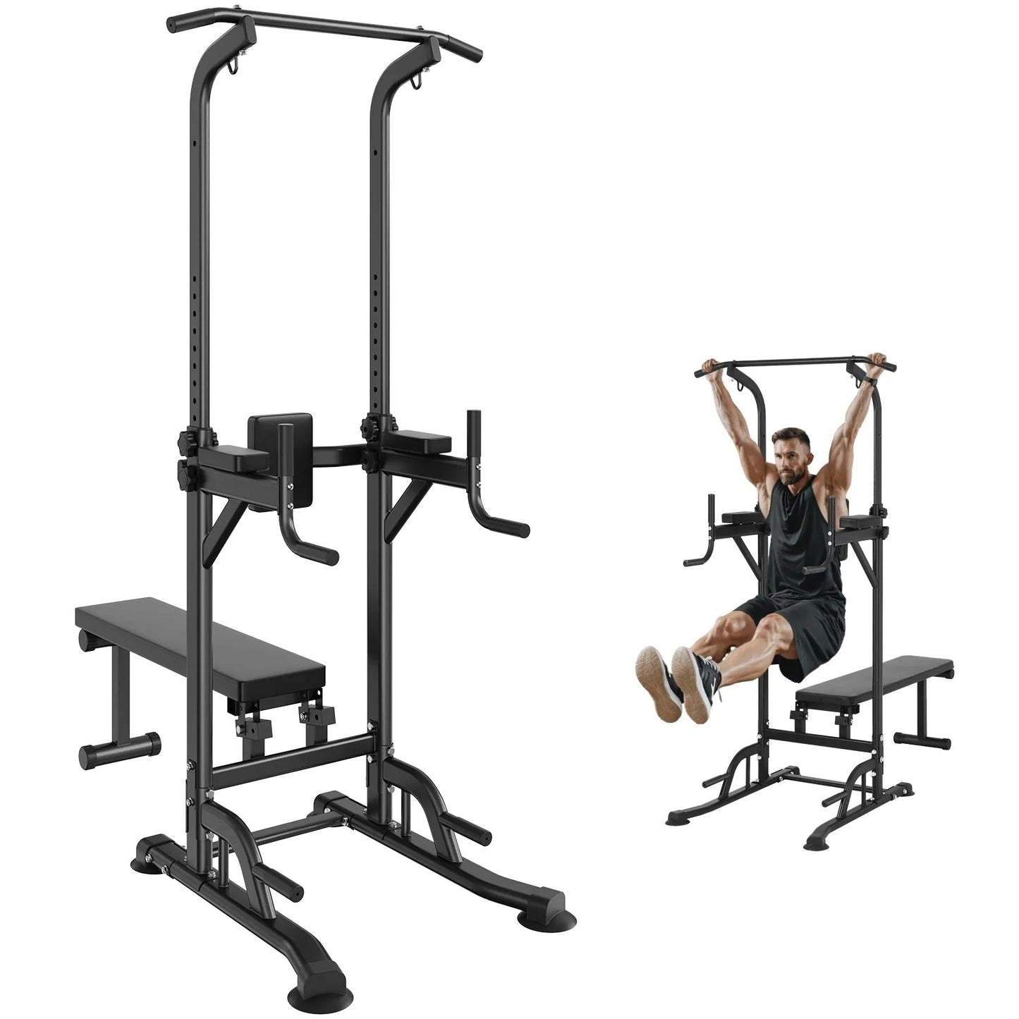 Power Tower with Bench, 10-Level Height Adjustable Pull Up Bar Stand Dip Station & Detachable Bench, Multi-Function Home Gym Strength Training Fitness Equipment with Backrest, Elbow Pads, 440LBS