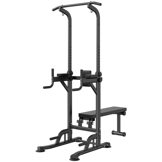 Power Tower with Bench, 10-Level Height Adjustable Pull Up Bar Stand Dip Station & Detachable Bench, Multi-Function Home Gym Strength Training Fitness Equipment with Backrest, Elbow Pads, 440LBS
