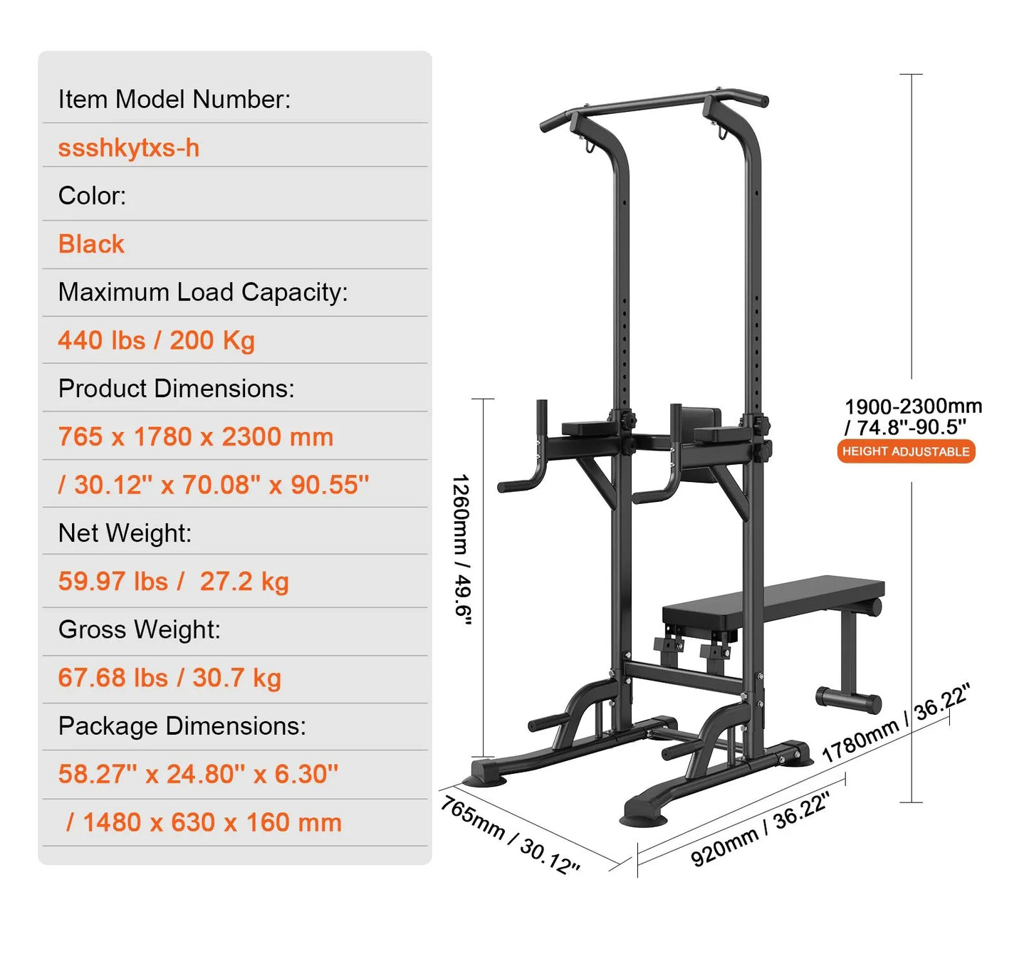 Power Tower with Bench, 10-Level Height Adjustable Pull Up Bar Stand Dip Station & Detachable Bench, Multi-Function Home Gym Strength Training Fitness Equipment with Backrest, Elbow Pads, 440LBS
