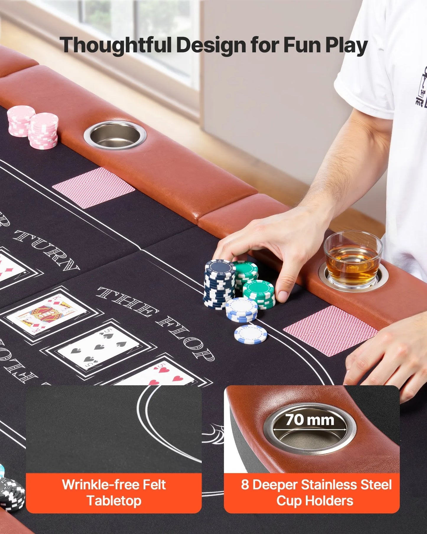 Foldable Poker Table, 8 Player 1828.8 mm Folding Casino Leisure Table with Padded Rails & Cup Holders, Oval Portable Game Tables with Felt & Metal Legs, for Texas Hold'em Game and Blackjack