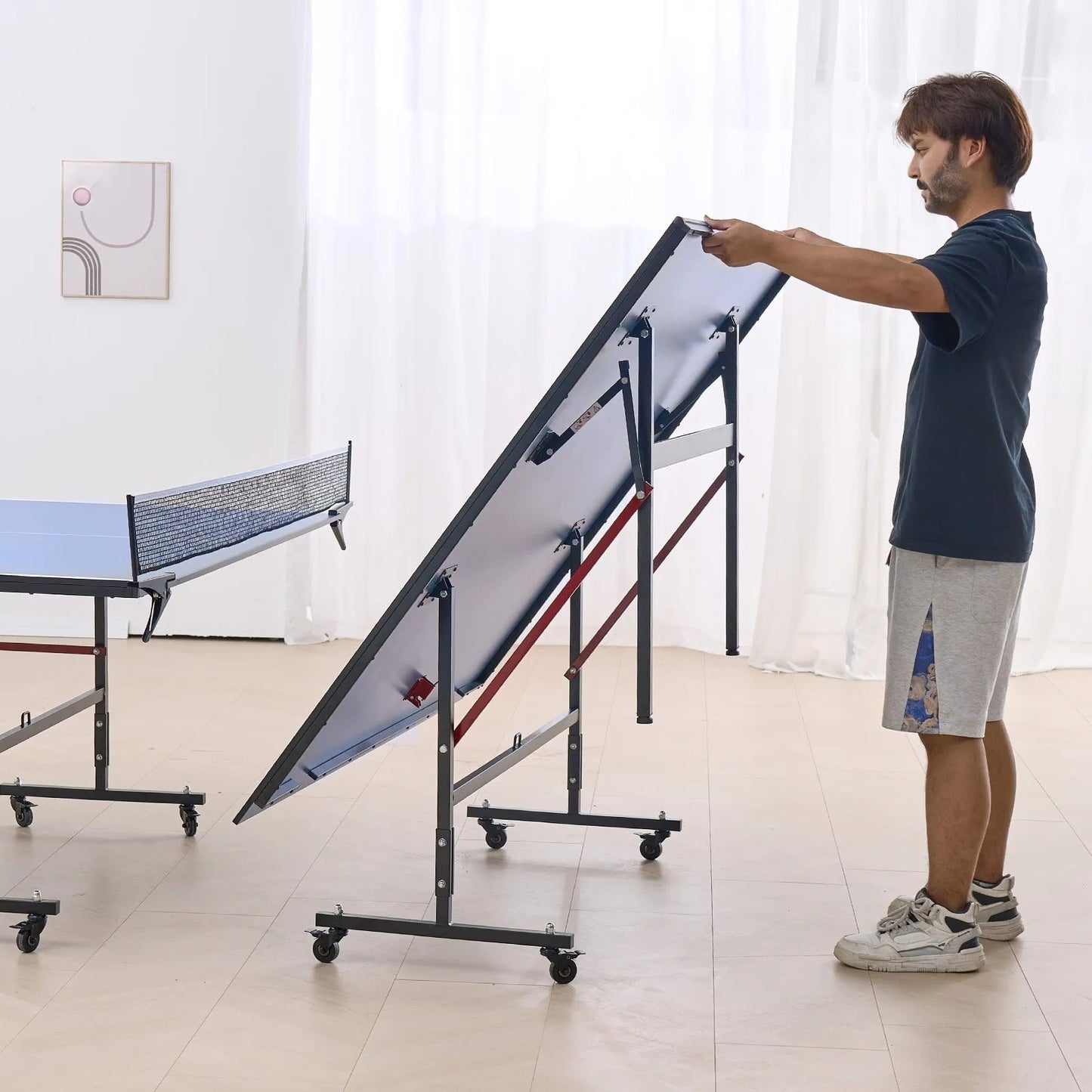 Ping Pong Table, Professional Table Tennis Game, Indoor MDF Portable Table Tennis Table, Foldable Ping Pong Table with Quick Clamp Net and Lockable Wheels, 10 Minute Easy Assembly, 12mm Tabletops