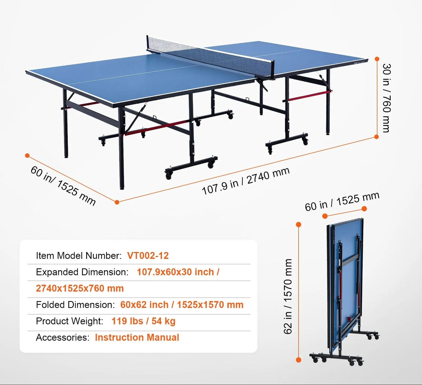 Ping Pong Table, Professional Table Tennis Game, Indoor MDF Portable Table Tennis Table, Foldable Ping Pong Table with Quick Clamp Net and Lockable Wheels, 10 Minute Easy Assembly, 12mm Tabletops