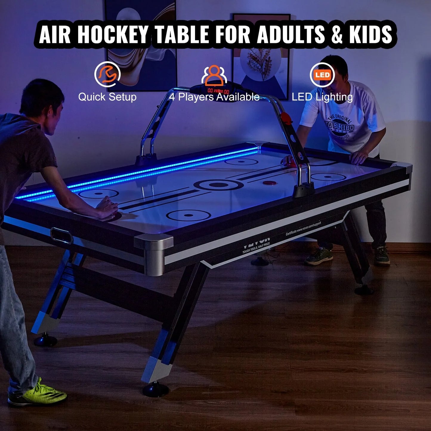Air-Powered Hockey Table, Indoor Hockey Table for Kids and Adults, LED Sports Hockey Game with 2 Pucks, 2 Pushers, and Electronic Score System, Arcade Gaming Set for Game Room Family Home