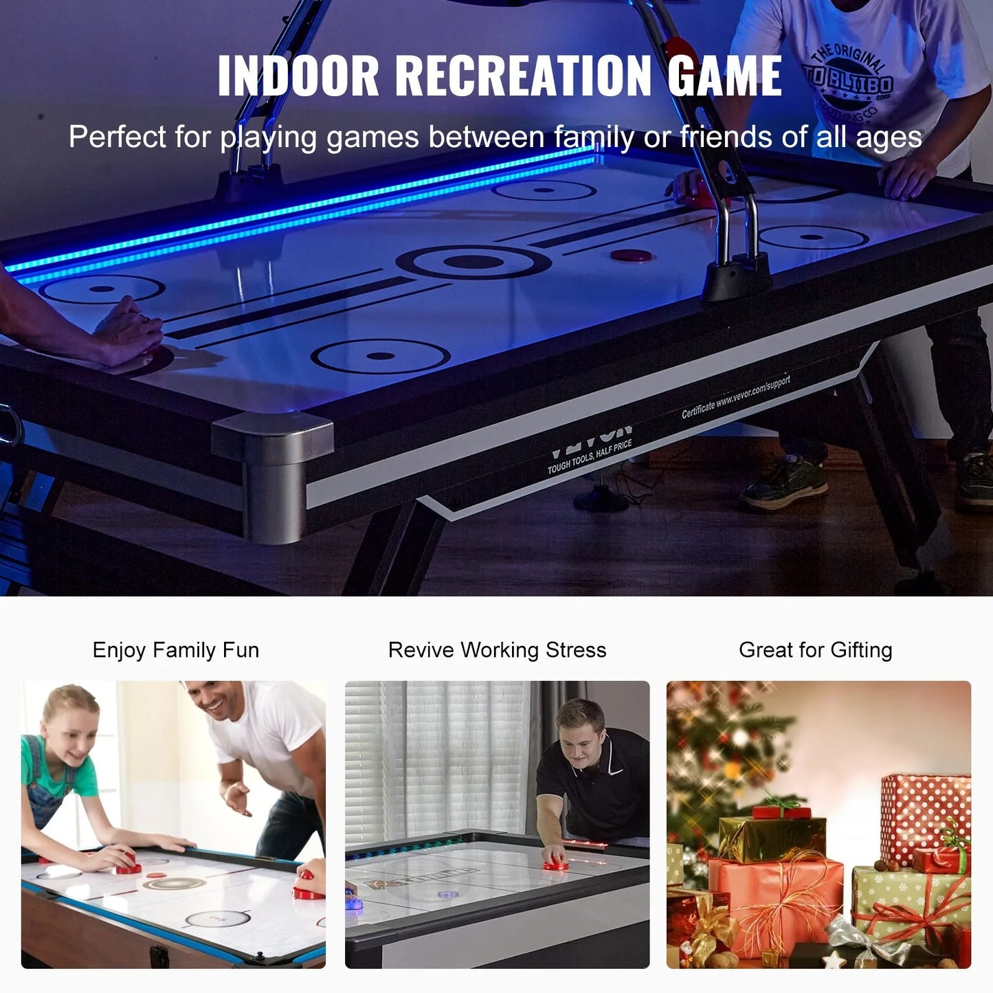 Air-Powered Hockey Table, Indoor Hockey Table for Kids and Adults, LED Sports Hockey Game with 2 Pucks, 2 Pushers, and Electronic Score System, Arcade Gaming Set for Game Room Family Home