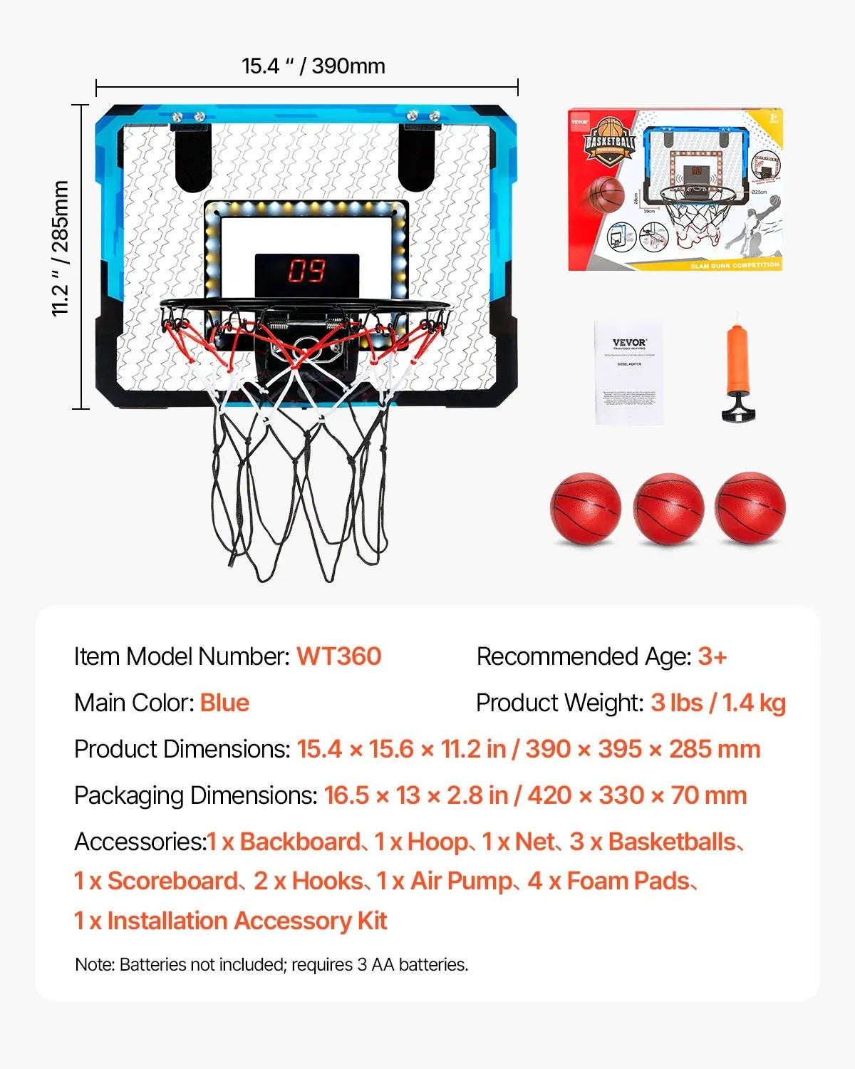 Kids Basketball Hoop, Mini Basketball Goal with Electronic Scoreboard, Over The Door Basketball Hoop with Scoring & Music Accompaniment Functions, LED Light, Indoor Basketball Hoop for Kids 3+