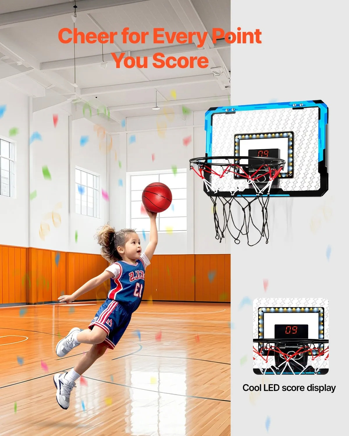 Kids Basketball Hoop, Mini Basketball Goal with Electronic Scoreboard, Over The Door Basketball Hoop with Scoring & Music Accompaniment Functions, LED Light, Indoor Basketball Hoop for Kids 3+