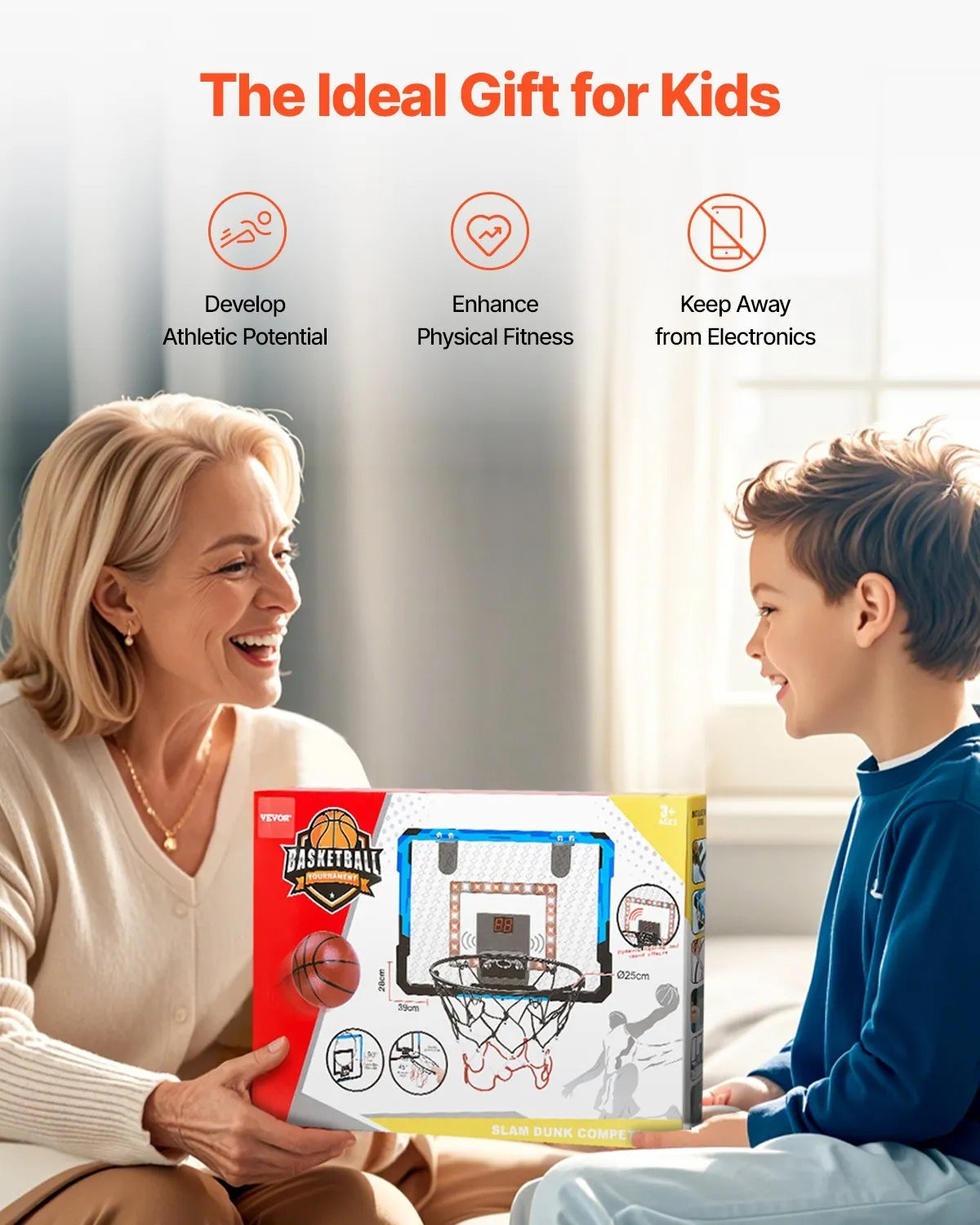 Kids Basketball Hoop, Mini Basketball Goal with Electronic Scoreboard, Over The Door Basketball Hoop with Scoring & Music Accompaniment Functions, LED Light, Indoor Basketball Hoop for Kids 3+