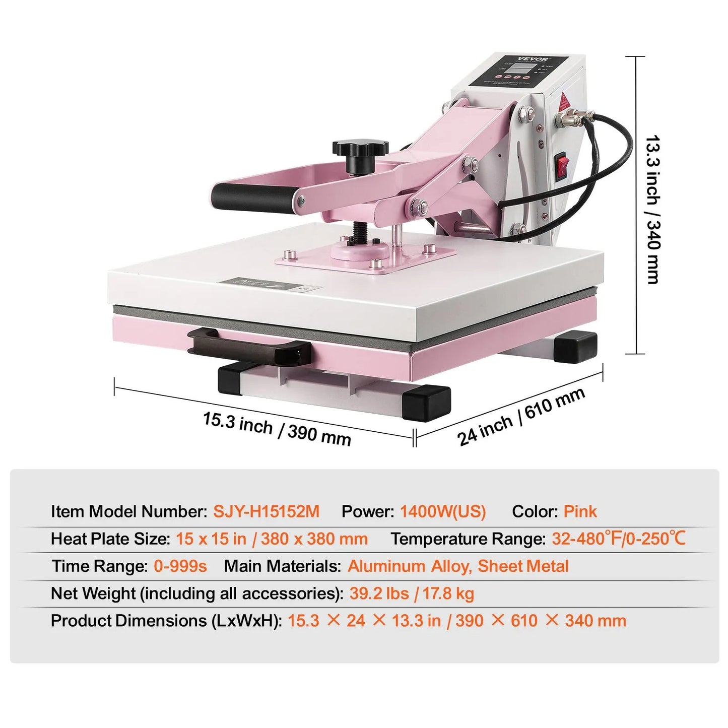 Heat Press Machine 38x38 cm Slide Out Heat Transfer Machine T-Shirts Pink