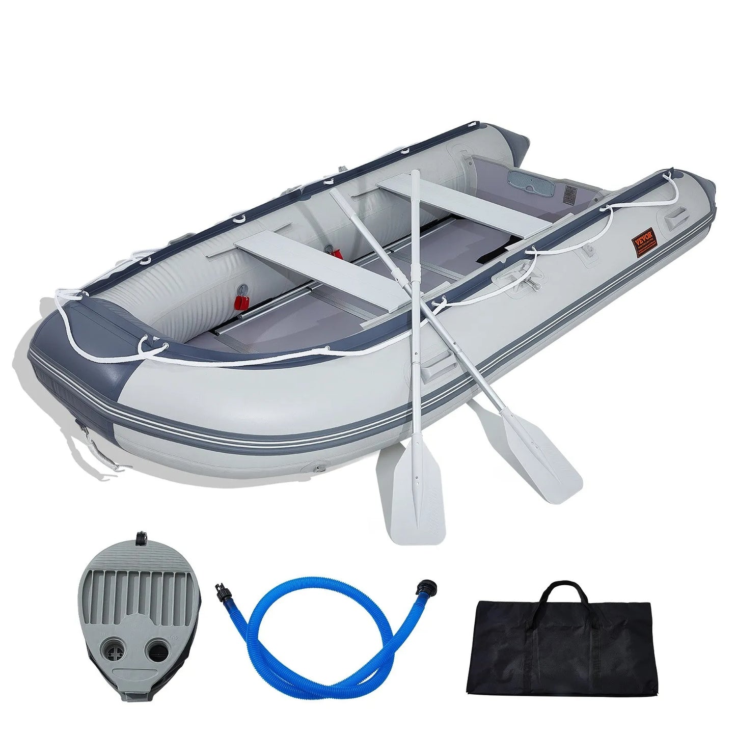 Inflatable Dinghy Boat, 6-Person Transom Sport Tender Boat, with Marine Wood Floor and Adjustable Aluminum Bench, 1500 lbs Inflatable Fishing Boat Raft, Aluminum Oars, Air Pump, and Carry Bag