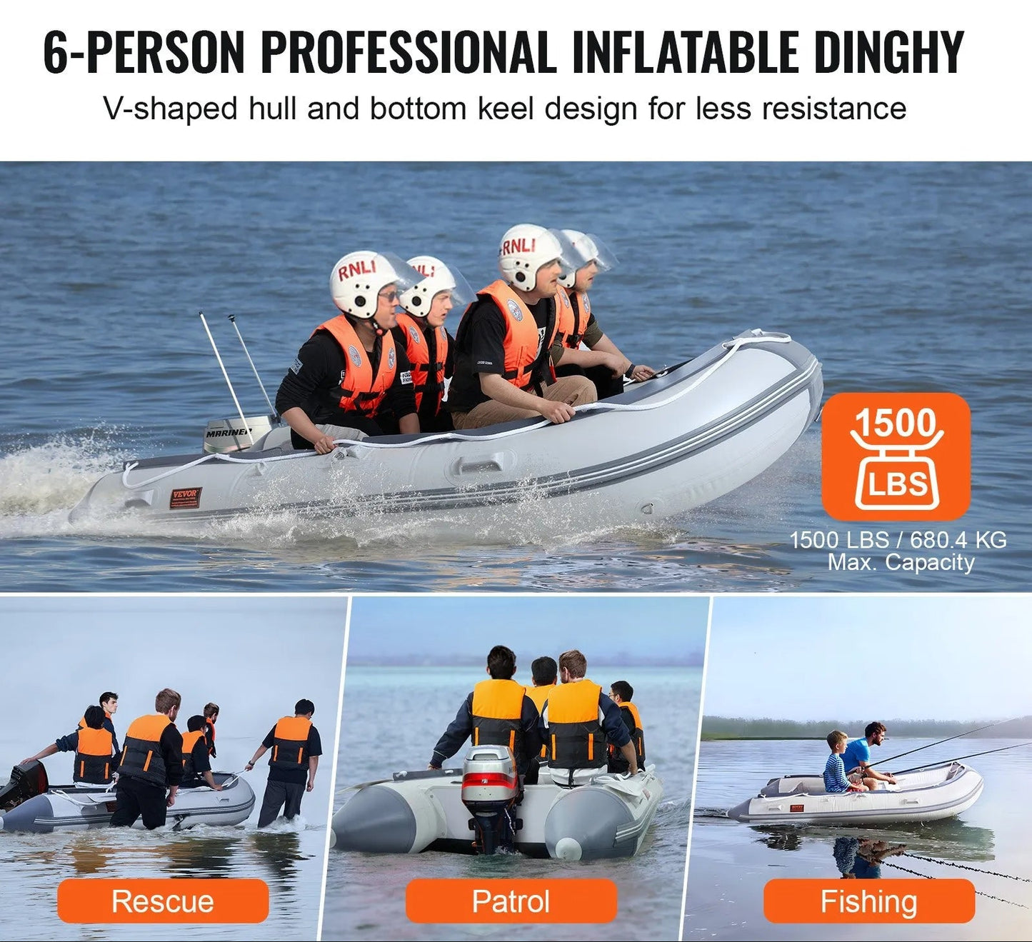 Inflatable Dinghy Boat, 6-Person Transom Sport Tender Boat, with Marine Wood Floor and Adjustable Aluminum Bench, 1500 lbs Inflatable Fishing Boat Raft, Aluminum Oars, Air Pump, and Carry Bag