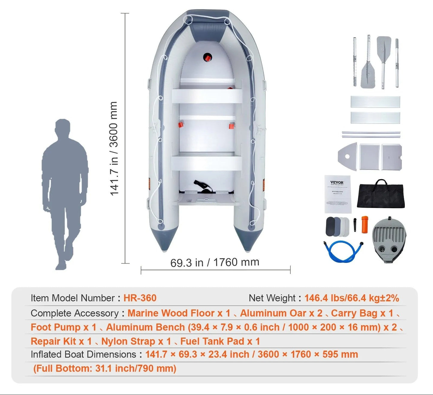 Inflatable Dinghy Boat, 6-Person Transom Sport Tender Boat, with Marine Wood Floor and Adjustable Aluminum Bench, 1500 lbs Inflatable Fishing Boat Raft, Aluminum Oars, Air Pump, and Carry Bag