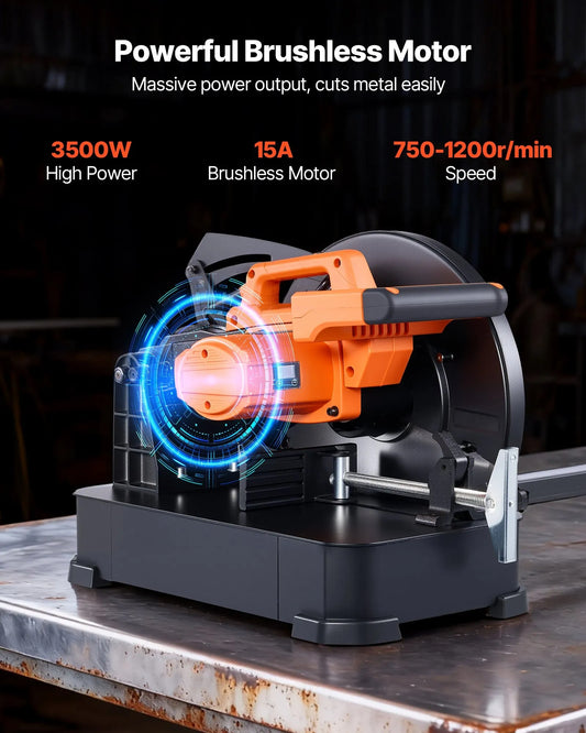 Chop Saw, 355 mm Stainless Steel Cold Cut Blade, 3500 W Powerful Brushless Motor, 750-1200 r/min Adjustable Speed, Metal Cutting Chop Saw for Metal Square and Flat Tubes, I-Shaped Steels