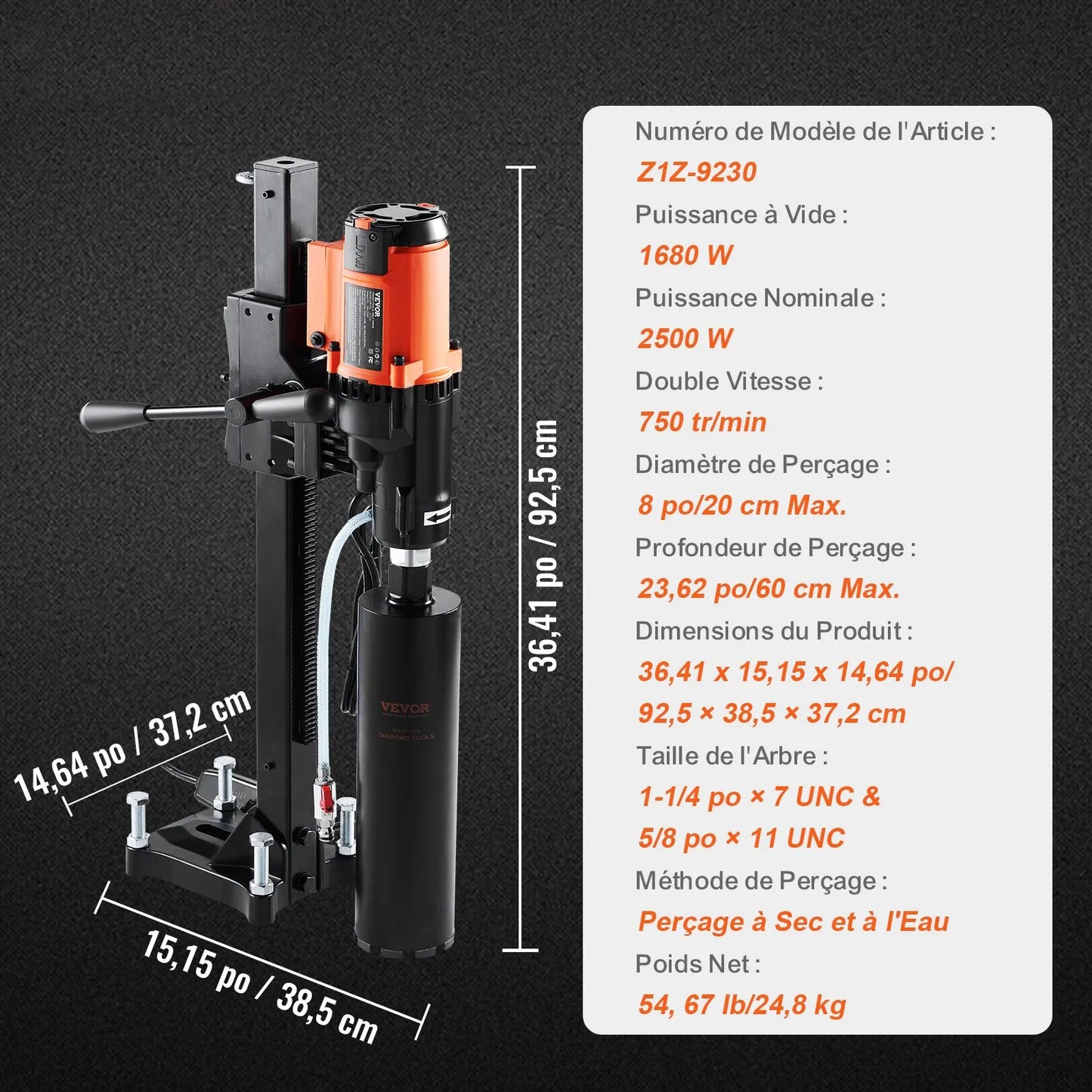 Wet&Dry Diamond Core Drill Machine Concrete Core Drill Rig 3200W 750RPM