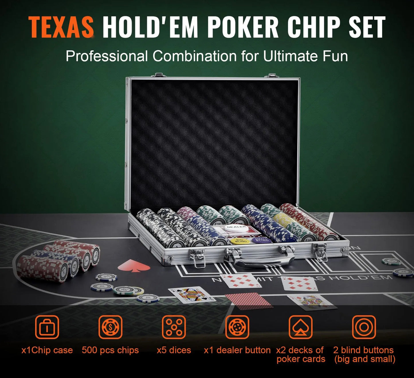 Poker Chip Set, 500-Piece Poker Set, Complete Poker Playing Game Set with Aluminum Carrying Case, 11.5 Gram Casino Chips, Cards, Buttons and Dices, for Texas Hold'em, Blackjack, Gambling