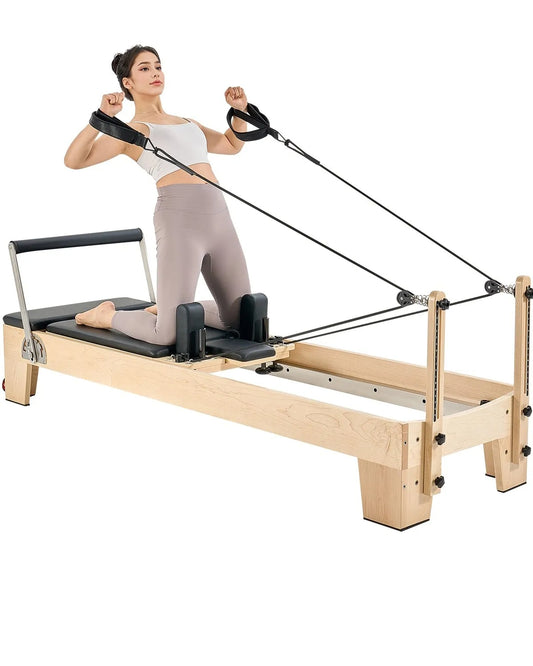 Pilates Reformer Machine, Wooden Pilates Workout Equipment for Home Gym Studio Use, Pilates Bed with Dual Resistance- Spring & Cord, Reformer Set with Sitting Box, Up to 400 LBS