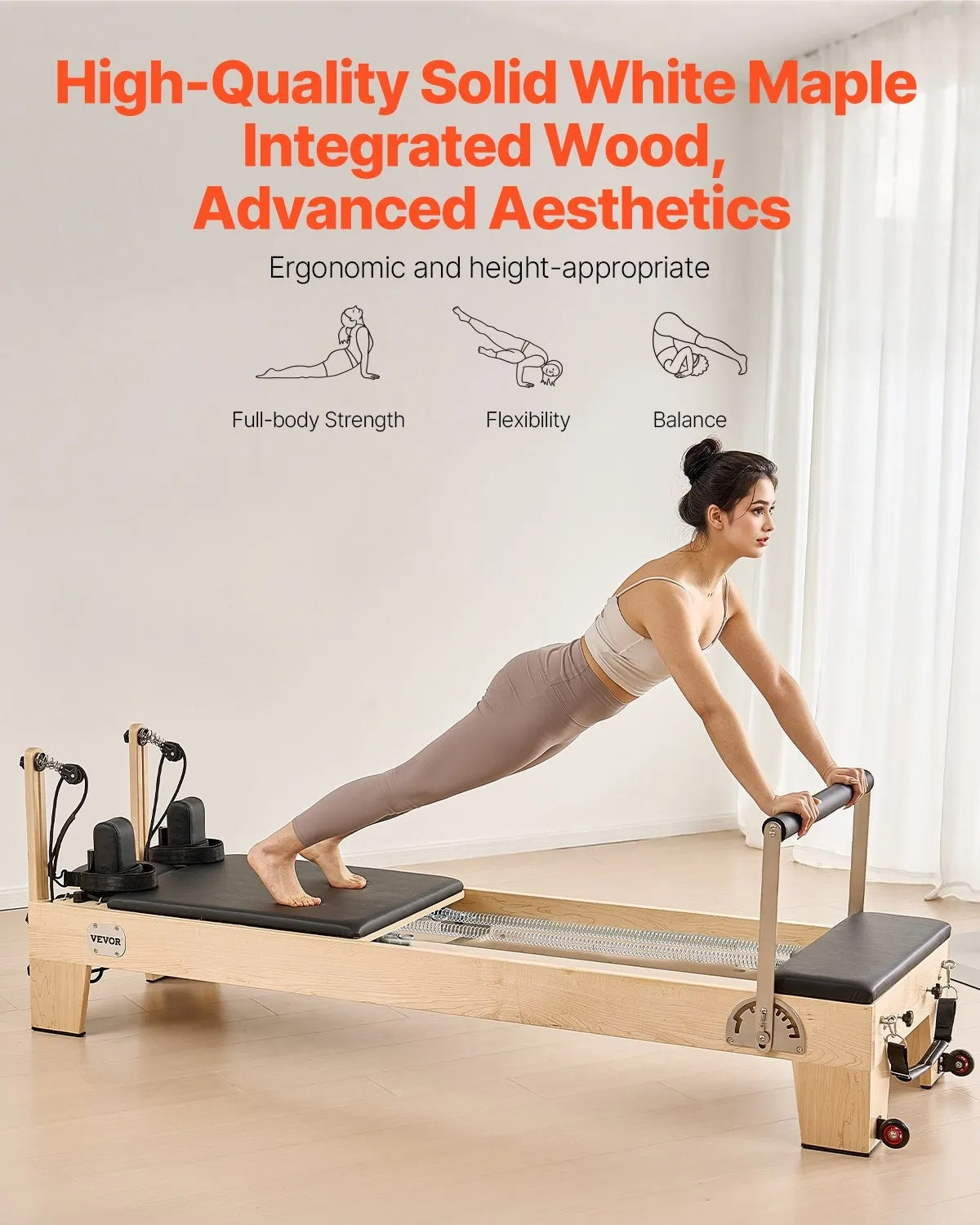 Pilates Reformer Machine, Wooden Pilates Workout Equipment for Home Gym Studio Use, Pilates Bed with Dual Resistance- Spring & Cord, Reformer Set with Sitting Box, Up to 400 LBS