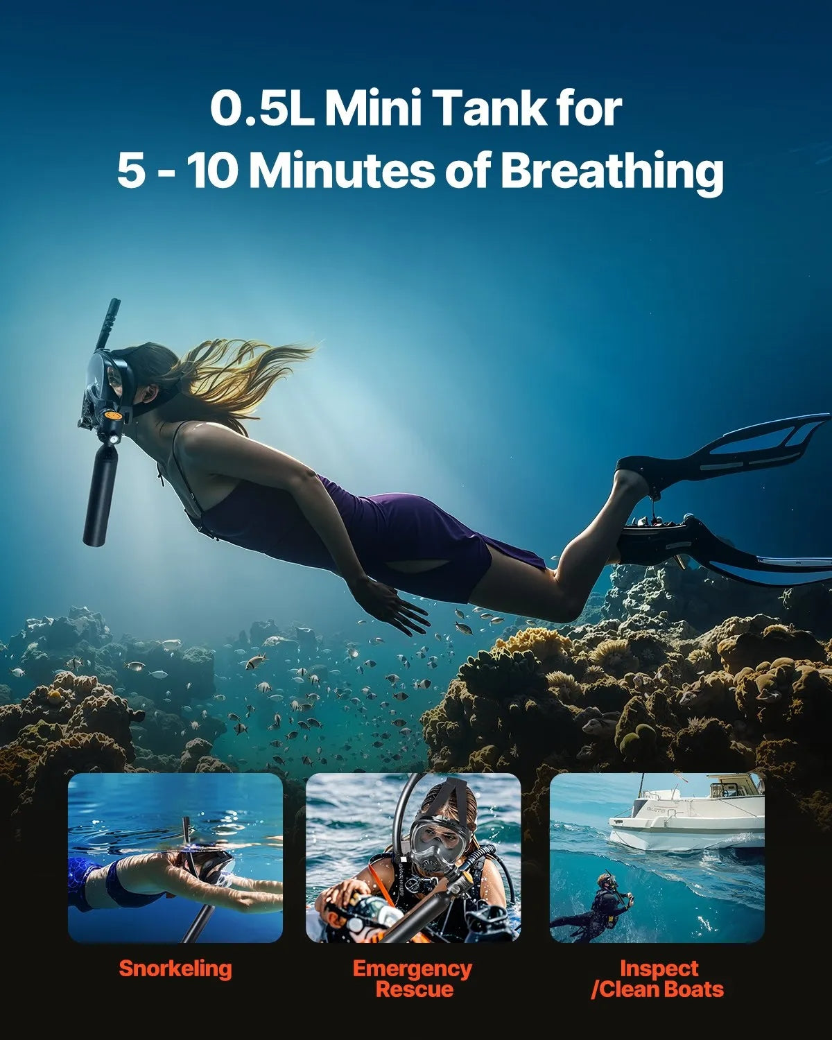 Scuba Tank, 0.5L Portable Scuba Diving Tank, Diving Oxygen Cylinder Supports 5-10 Minutes Underwater Breathing, 32.81 ft Diving Depth, Lung Tank Kit with Snorkel Mask for Underwater Exploration