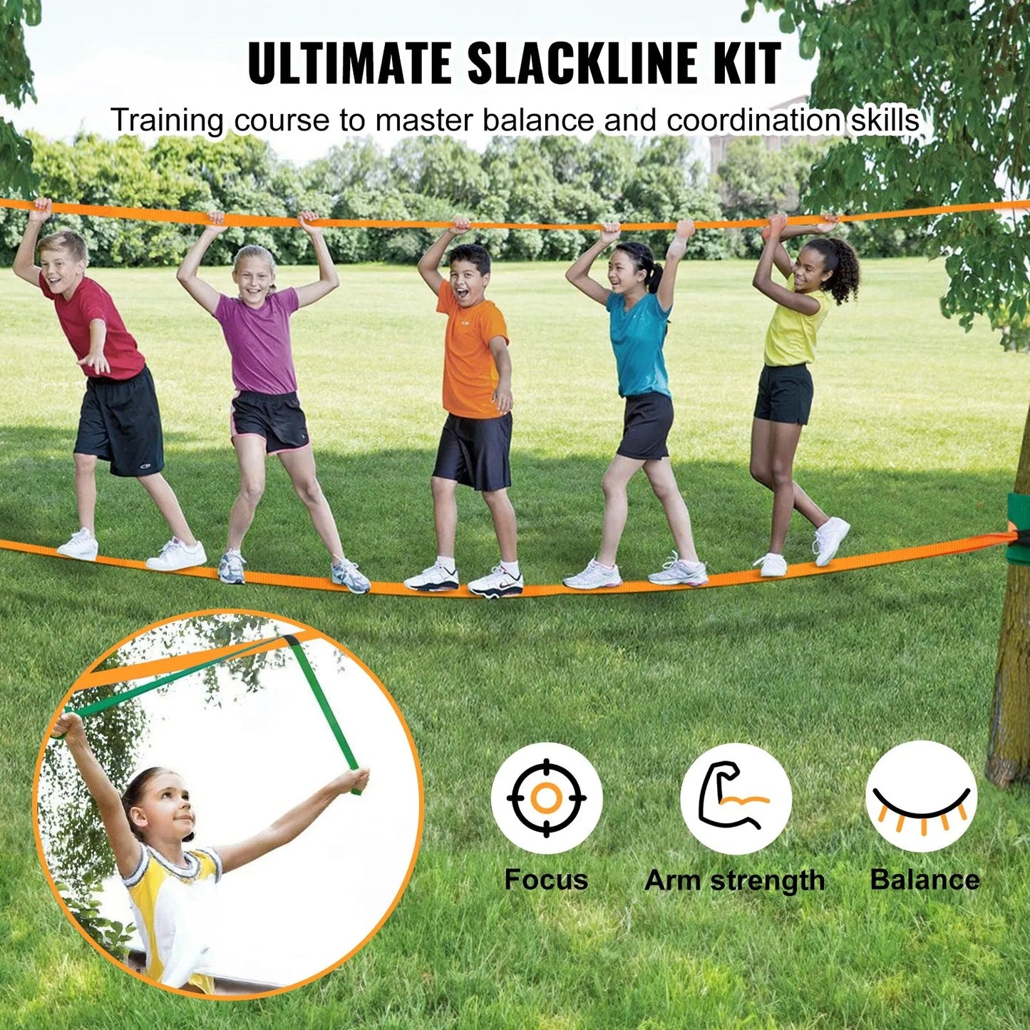 Slackline Kit with Training Line, 18.29 m Backyard Slack Line Equipment, Easy Setup Tight Rope for Kids Adults, Complete Slackline Set with Tree Protectors, Arm Trainer, Carry Bag, and Instruction