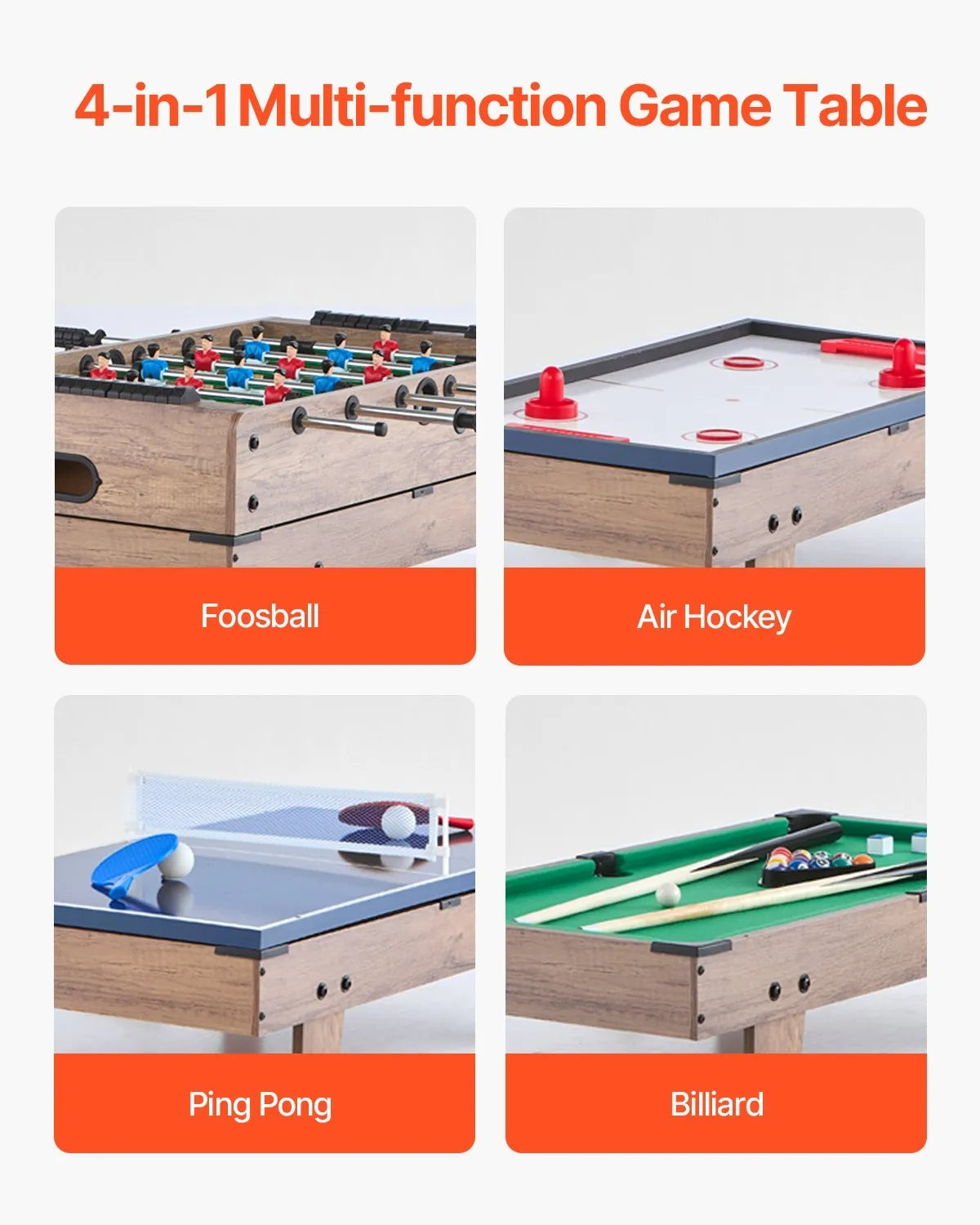 4-in-1 Combo Game Table Set, 32" Air Hockey Table, Multi Combination Table with Pool Billiard, Hockey, Foosball, Ping Pong, Pushers & Pucks, Sports Arcade Table for Kids Family Game Room Office
