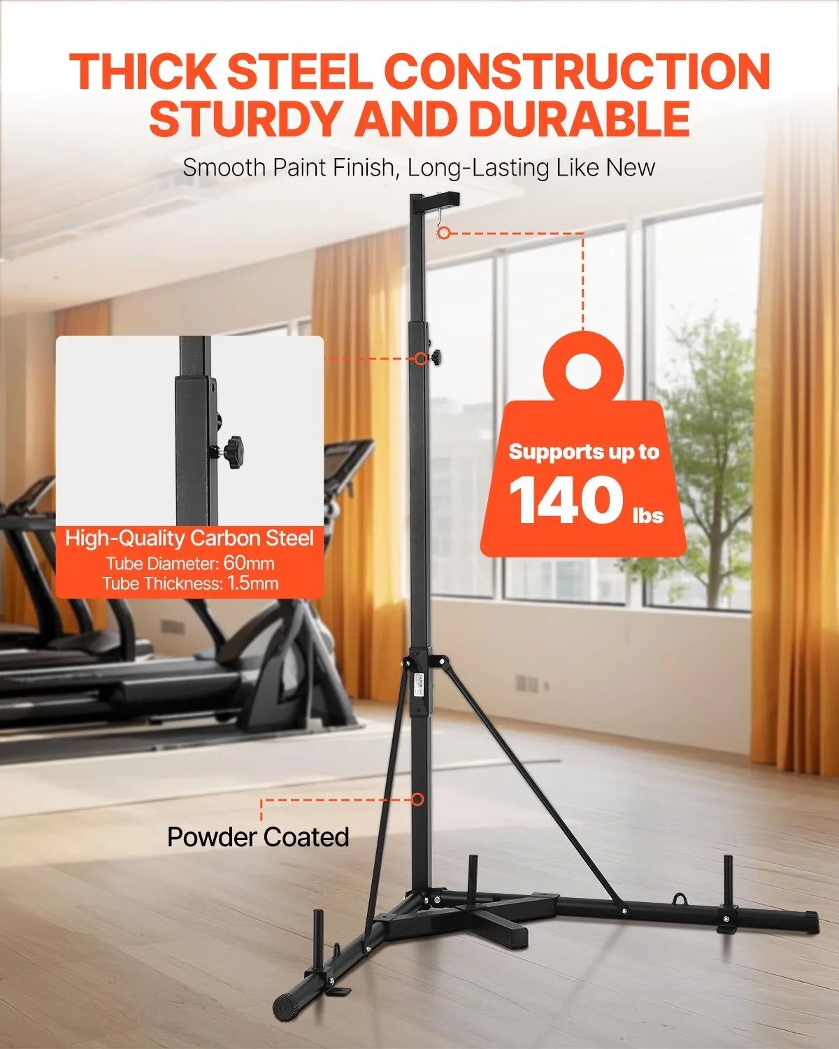 Punching Bag Stand, Steel Heavy Duty Workout Training Equipment, Adjustable Height Boxing Punching Stand with Weighted Base, Holds Up to 140 lbs, Freestanding Sandbag Rack for Home Gym Fitness