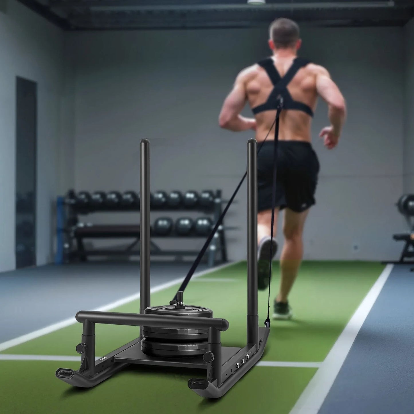 Weight Sled, Steel Power Sled, Fitness Strength Training Sleds for Athletic Exercise Speed Improvement, Workout Fitness Equipment with Handle, Compatible with 25/51 mm Weight Plates, Black