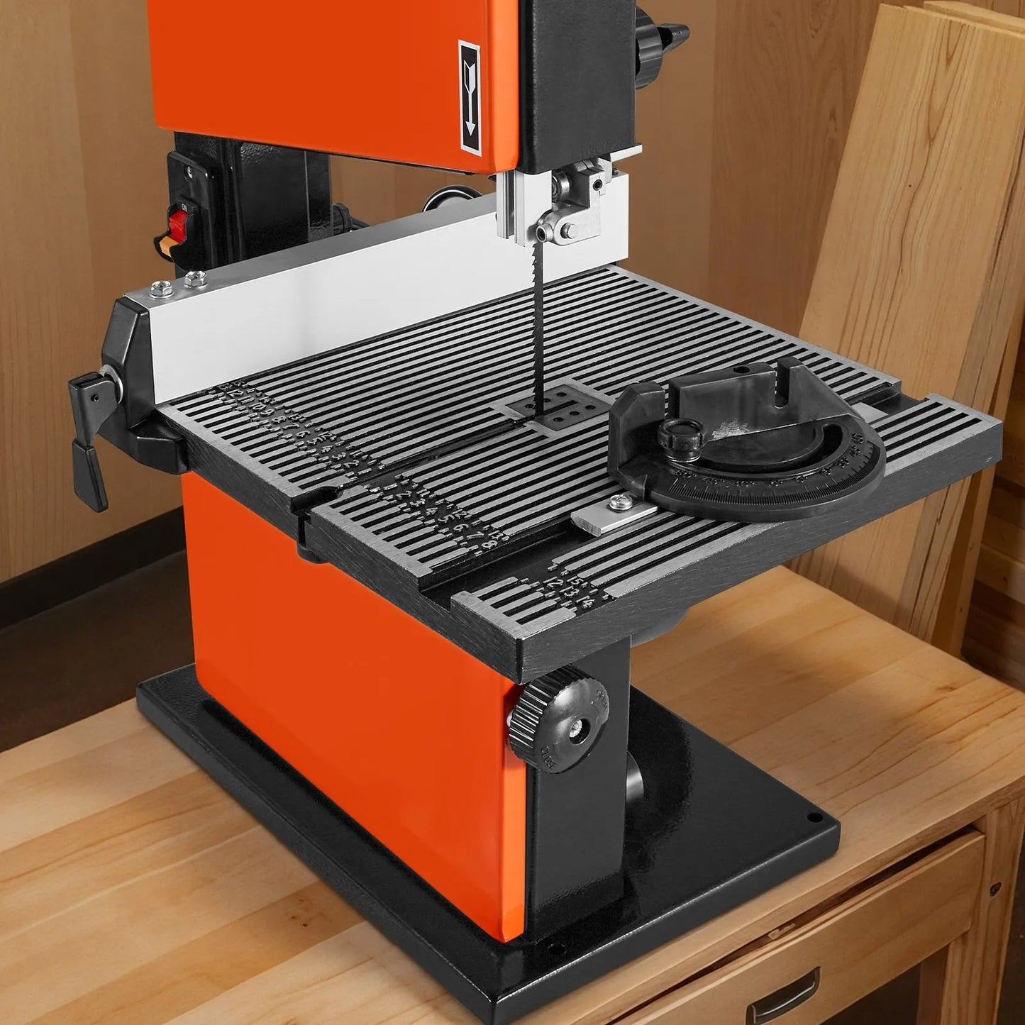 Band Saw, 229 mm, Woodworking Benchtop Bandsaw with 373W 1/2 HP Motor, 90 mm Max Cutting Height, 300 x 300 mm Cast Aluminum Table, 0-45° Tilting Range, with Miter Gauge, Fence, for Woodworking