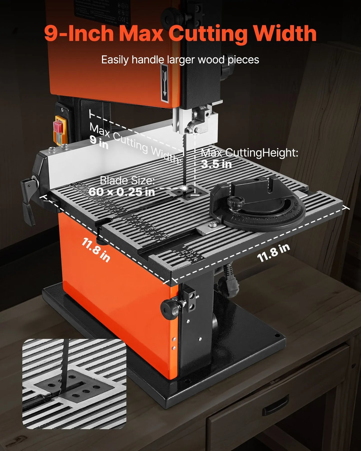 Band Saw, 229 mm, Woodworking Benchtop Bandsaw with 373W 1/2 HP Motor, 90 mm Max Cutting Height, 300 x 300 mm Cast Aluminum Table, 0-45° Tilting Range, with Miter Gauge, Fence, for Woodworking
