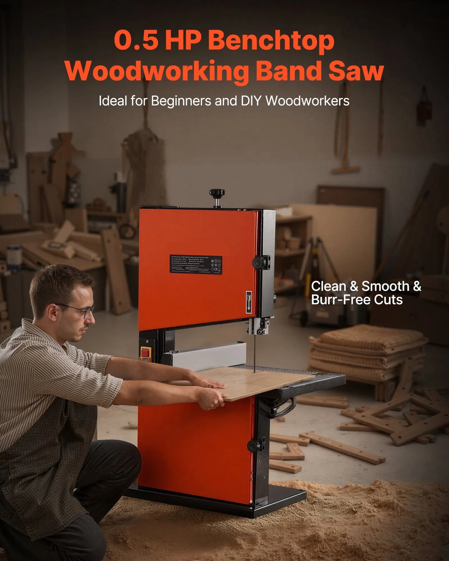 Band Saw, 229 mm, Woodworking Benchtop Bandsaw with 373W 1/2 HP Motor, 90 mm Max Cutting Height, 300 x 300 mm Cast Aluminum Table, 0-45° Tilting Range, with Miter Gauge, Fence, for Woodworking