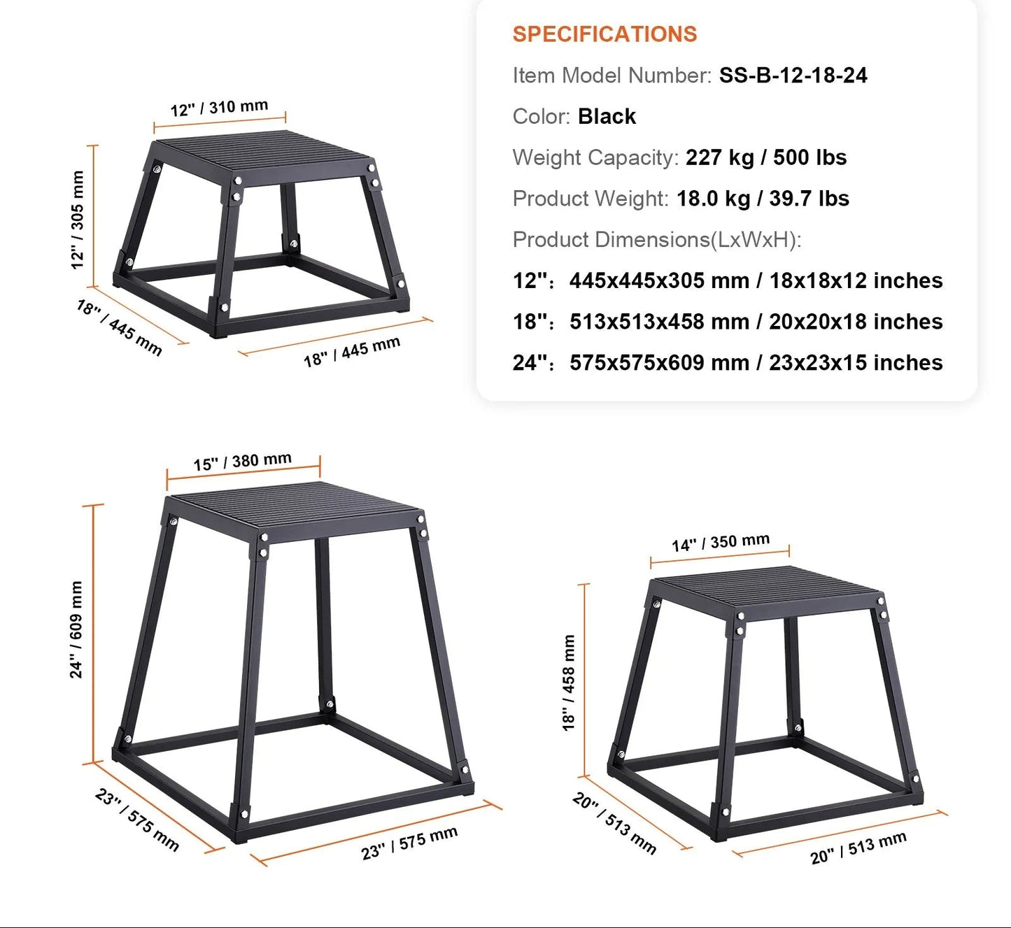 Plyometric Jump Boxes, 12/18/24 Inch Plyo Box, Platform and Jumping Agility Box, Anti-Slip Fitness Exercise Step Up Box Set for Home Gym Training, Conditioning Strength Training, Black