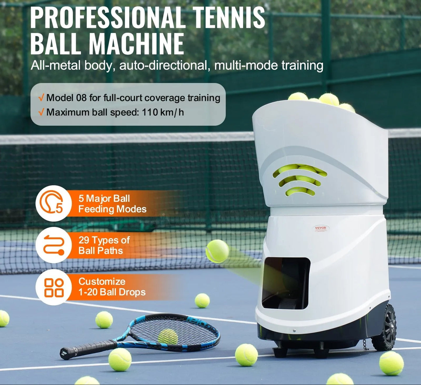 Tennis Ball Machine, Automatic Portable Tennis Ball Launcher, 150 Balls Tennis Training Practice Thrower, 5 Motors Multi-Mode Drills, 2+ Hours Play, Rechargeable Battery, App Remote Control