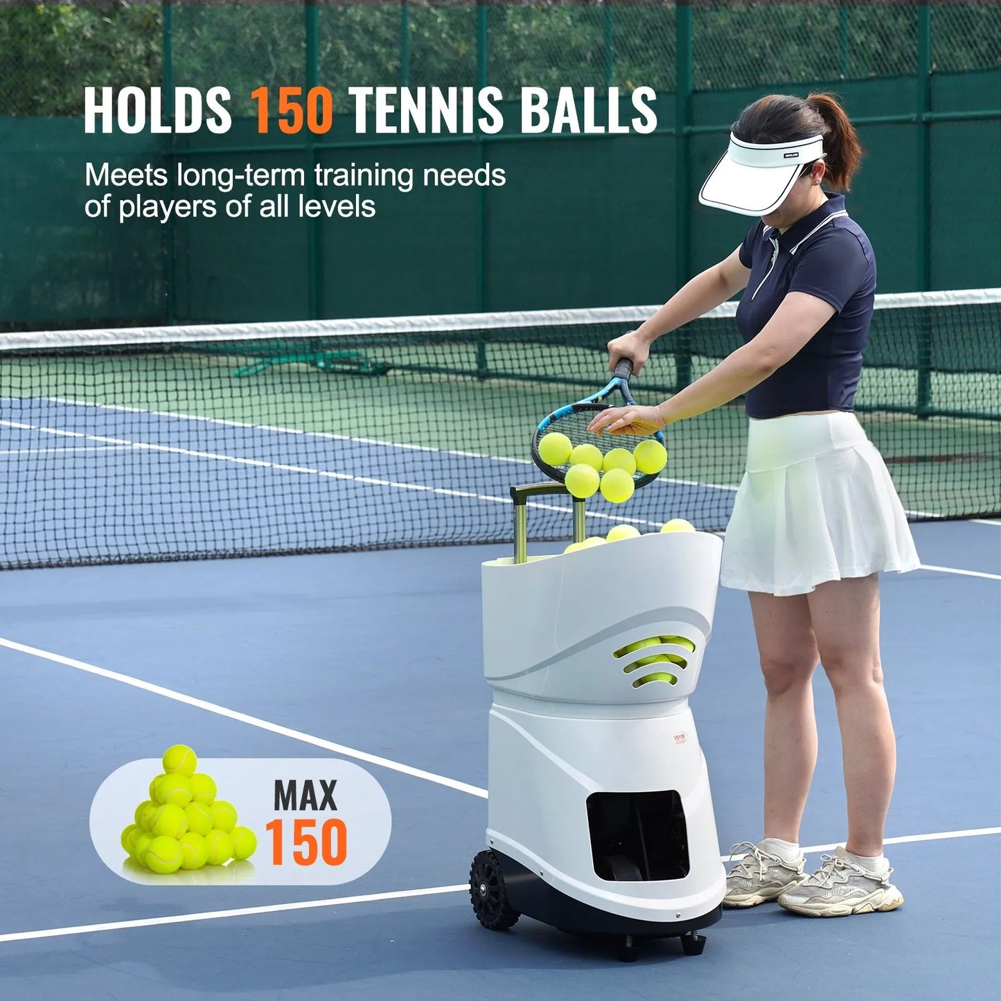 Tennis Ball Machine, Automatic Portable Tennis Ball Launcher, 150 Balls Tennis Training Practice Thrower, 5 Motors Multi-Mode Drills, 2+ Hours Play, Rechargeable Battery, App Remote Control