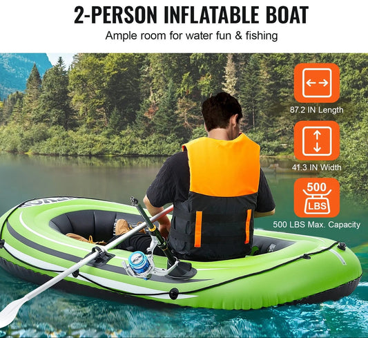 Inflatable Boat, 2-Person Inflatable Fishing Boat, Strong PVC Portable Boat Raft Kayak, Includes 45.6 in Aluminum Oars, High-Output Pump and Fishing Rod Holders, 500 lb Capacity for Adults, Kids