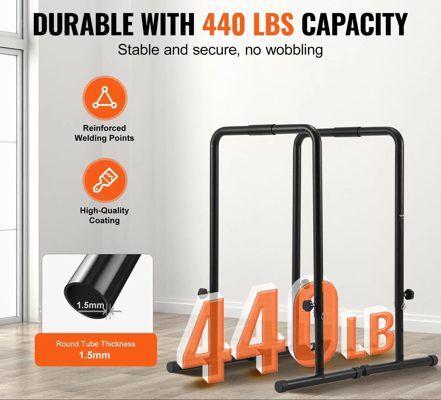 Dip Bars, 440 lbs Capacity, Heave Duty Dip Stand Station with Adjustable Height, Fitness Workout Dip Bar Station Stabilizer Parallette Push Up Stand, Parallel Bars for Strength Training Home Gym