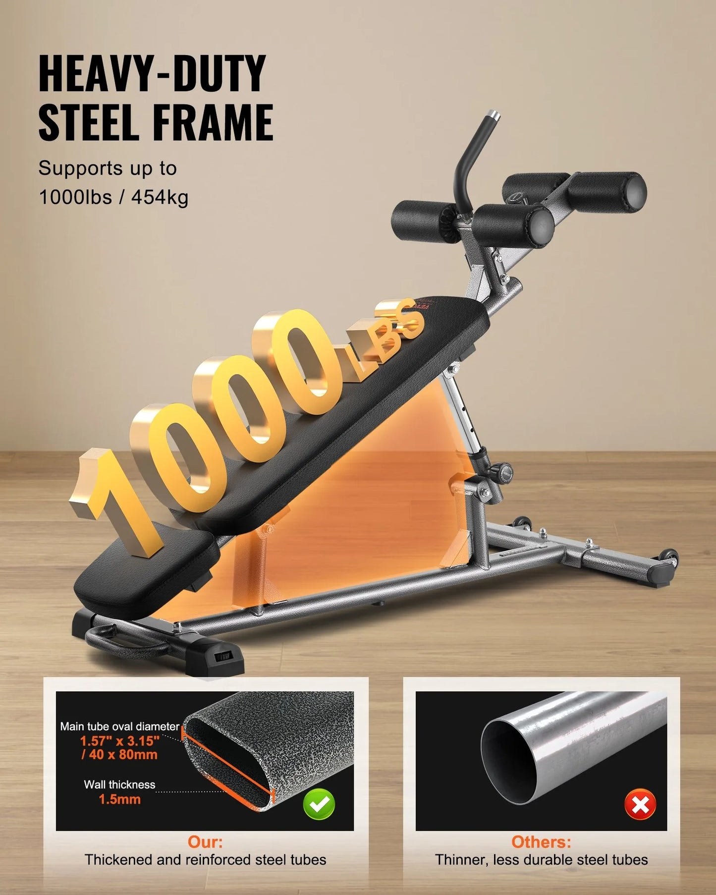 Sit Up Bench, Decline Ab Bench with Reverse Crunch Handle, with 4 Adjustable Height Settings, Heavy Duty Steel, 453 Kg Capacity, for Home Gym Workouts, Strength Training, Full Body Muscles