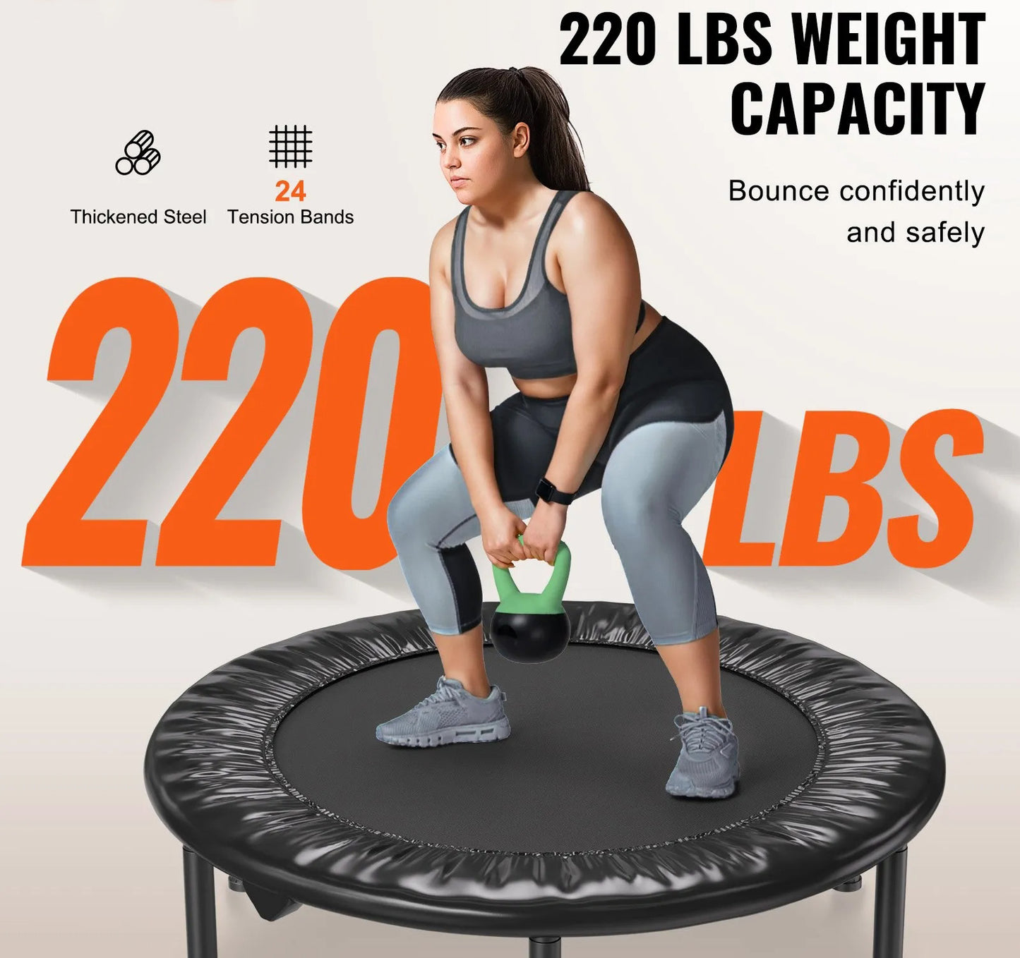 Foldable Mini Trampoline, 36 Inch Fitness Rebounder, Max Load 220 lbs Exercise Trampoline, Stable & Quiet Indoor Small Workout Trampoline, Mini Trampoline for Adults Indoor/Garden Workout