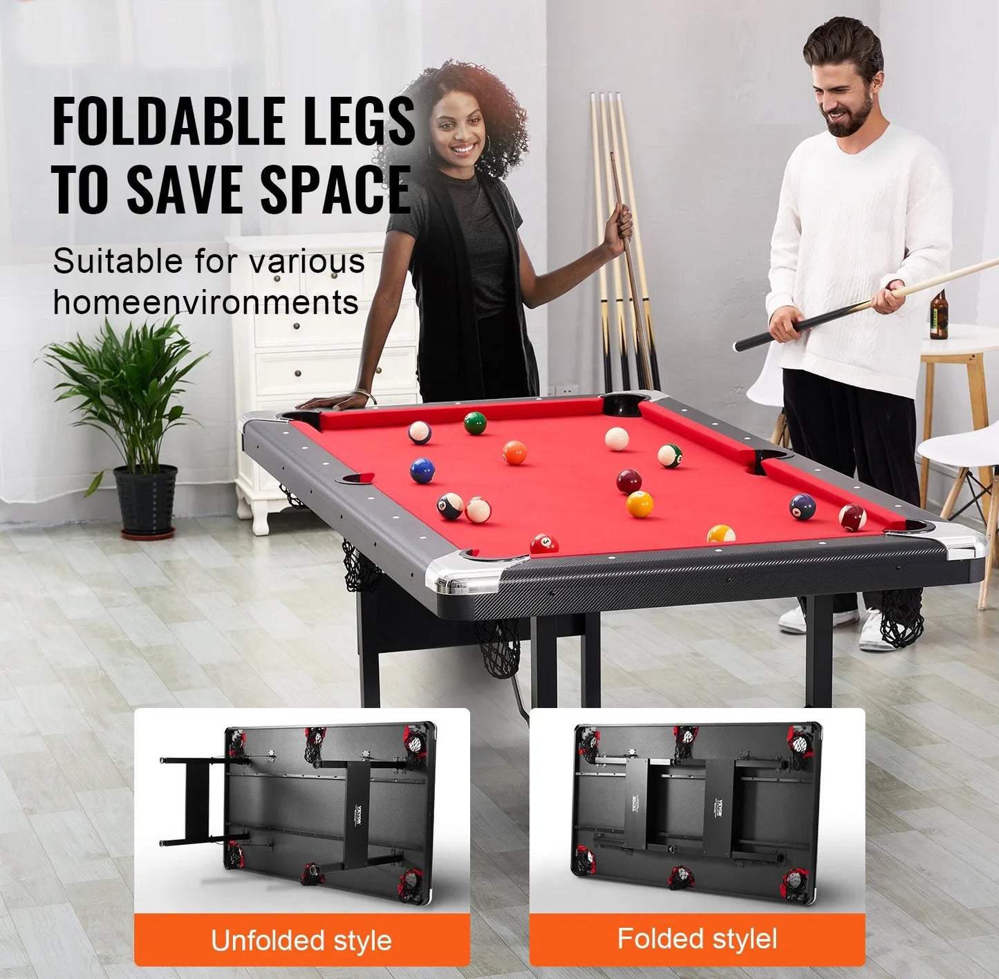Billiards Table, 192 cm Pool Table, Portable Foldable Space-Saving Table, Billiard Table Set Includes Balls, Cues, Chalks and Brush, Black with Red Cloth, Perfect for Family Game Room Kid Adult