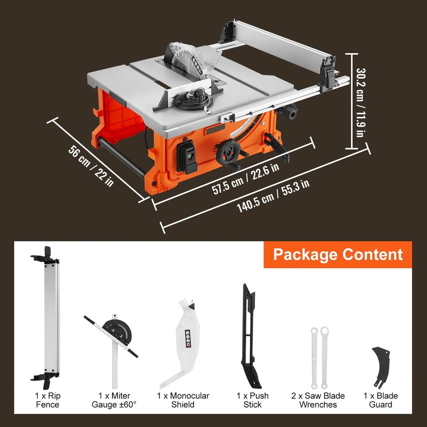 1800 W Table Saw Electric Cutting Machine, 625 mm Cutting Capacity, 4400 RPM, 85 mm 90° Crosscut Saw and 60 mm 45° Bevel Cut for Wood, Carpentry and Indoor/Outdoor Workshop