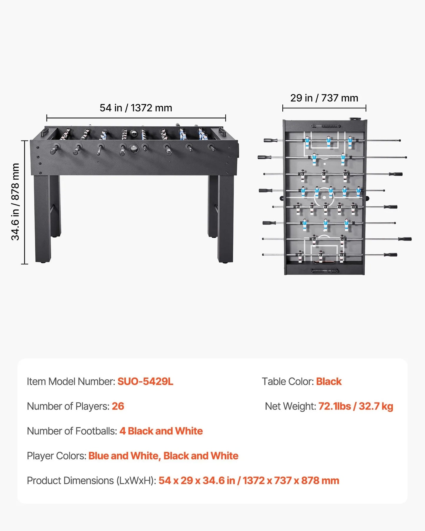 Foosball Table, 137 cm Standard Size Table, Indoor Full Size Foosball Tables for Home, Family, and Game Room, Durable Soccer Set, Includes 4 Balls, Score Keeper, and 2 Cup Holders